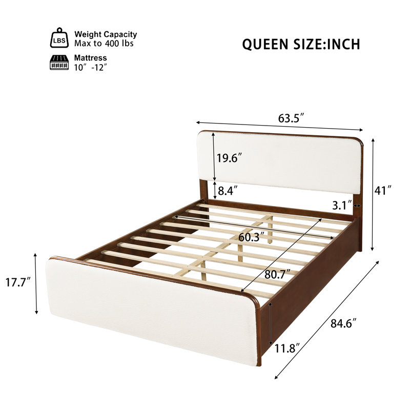 Structure de lit Pavelle de style Mid-Century moderne avec tête et pied de lit tapissier, aucun sommier nécessaire, Queen