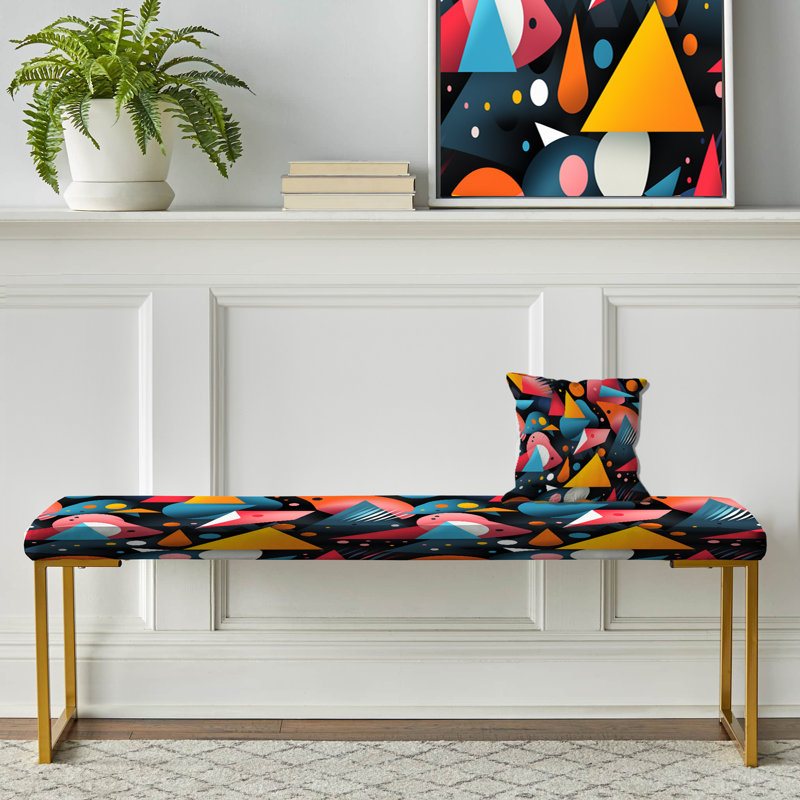Motif triangulaire rose et bleu Mid-Century - Banc géométrique rembourré or