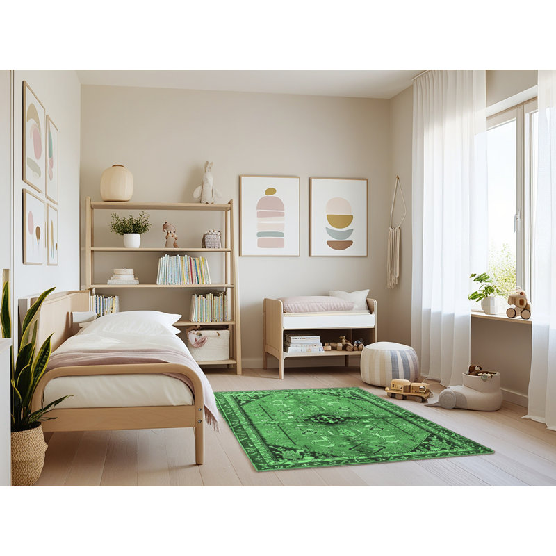 Tapis vert / noir en laine tissé à la machine Dashayla Southwestern, Rectangle 4 pi x 6 pi