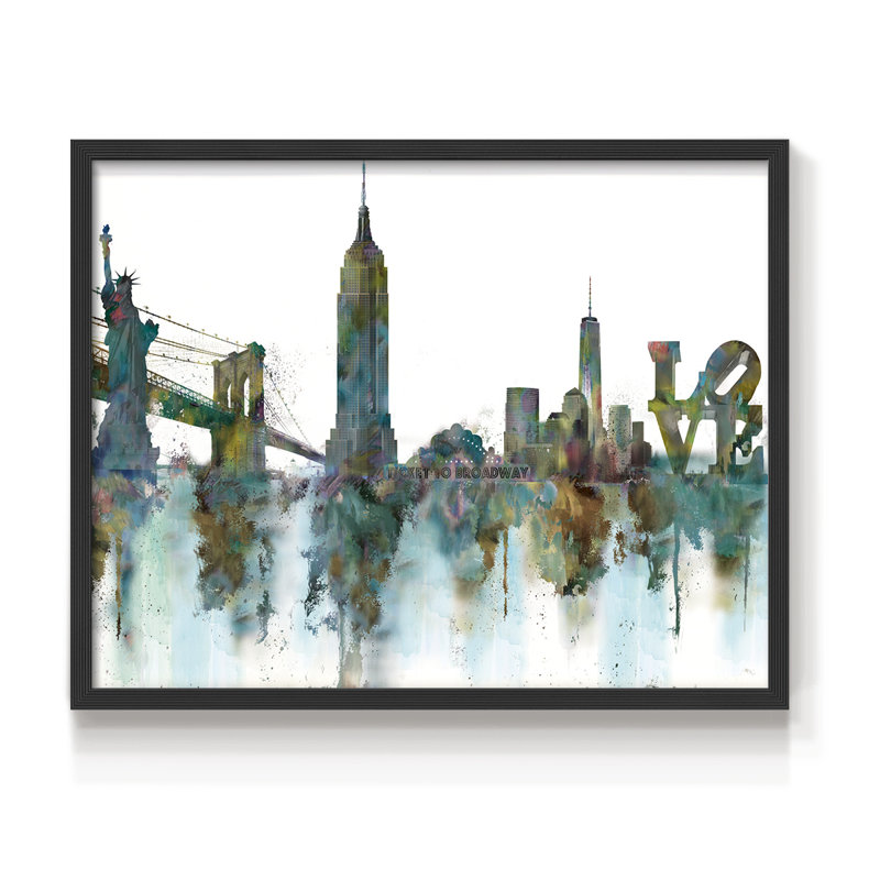 NY Skyline -Framed Print - Restickable, Black, 16" H x 20" W