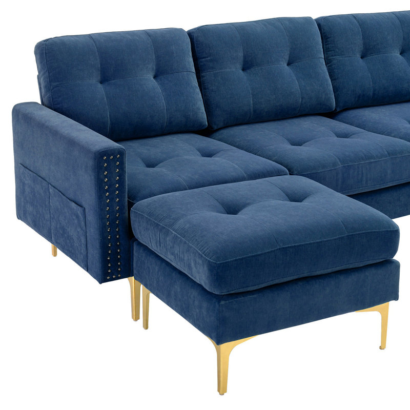 110" L-Shape Convertible Sectional Sofa Couch With Movable Ottoman For Living Room, Apartment, Office, Blue, Blue