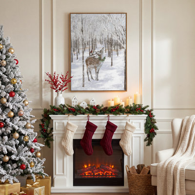 Décoration murale de Noël champêtre avec des rennes – Toile peinte à la main avec paillettes et cadre en bois massif