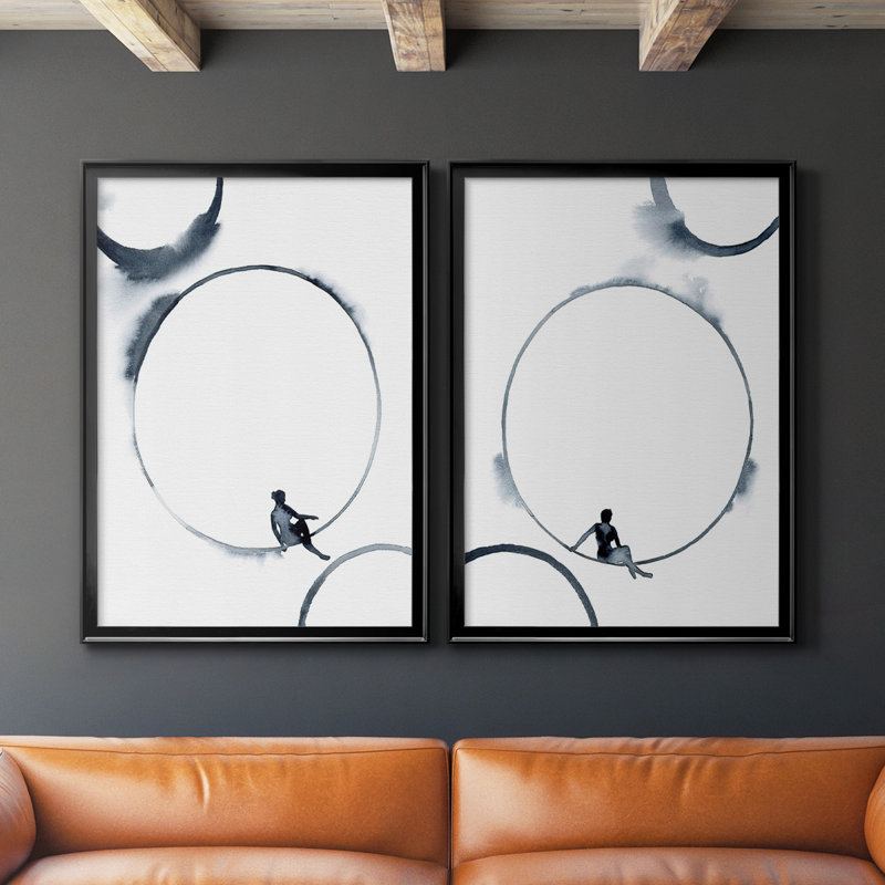 " Woman in the Moon I " 2 Piece Art Watercolor Painting, 30.5" H x 45" W, Black