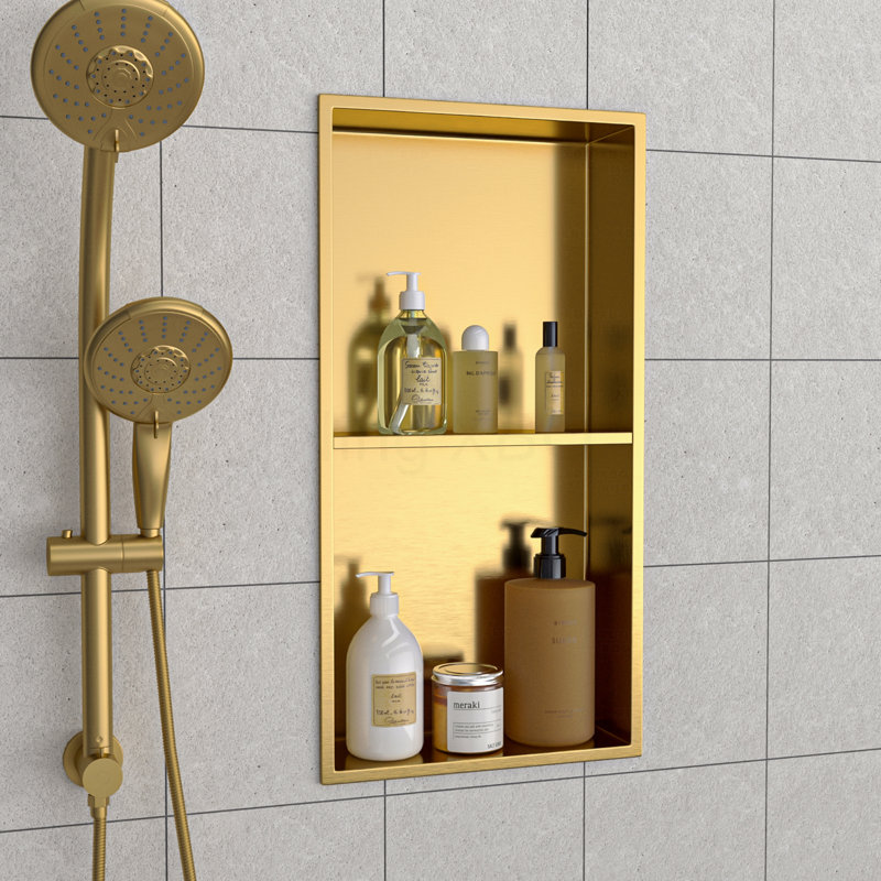 13" X 25" Stainless Steel Shower Niche Double Shelf, Gold, Gold
