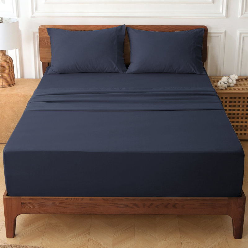 Ensemble de draps 100% coton 400 fils 400 fils, Ensemble de draps pour grand lit avec 4 pièces su, Bleu
