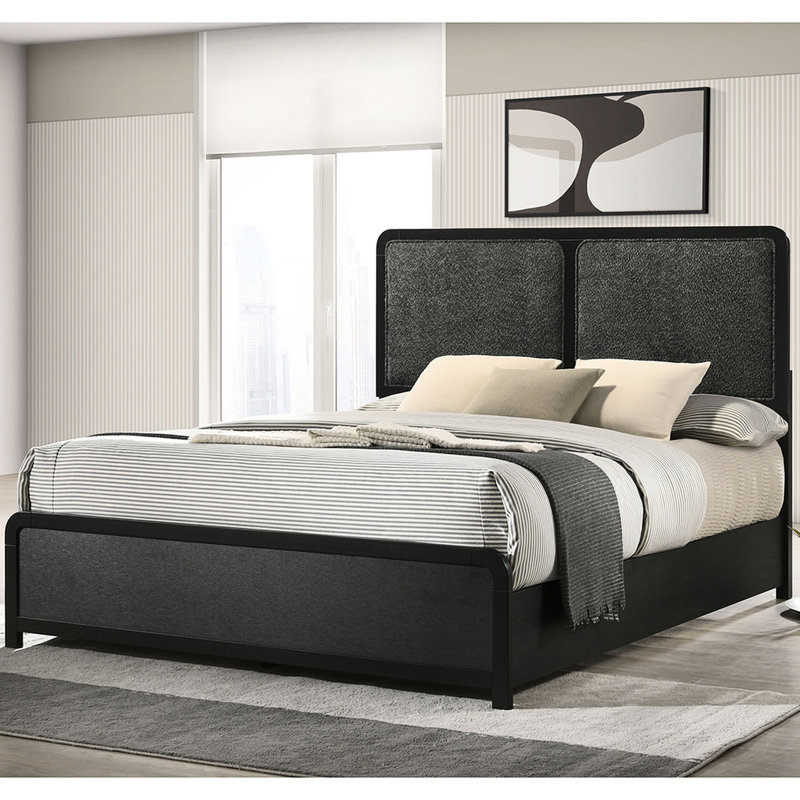 Grand lit à panneau tapissier noir moderne avec tissu gris anthracite, coins arrondis, bas et bois d'hévéa pour chambre à coucher avec placage Mid-Century