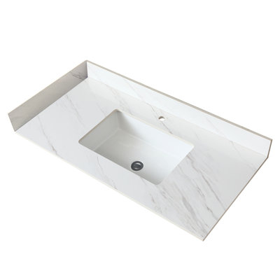 Plateau de meuble-lavabo 43 po - Pierre frittée blanche avec lavabo central rectangulaire et dosseret de 4 po de hauteur 43 po
