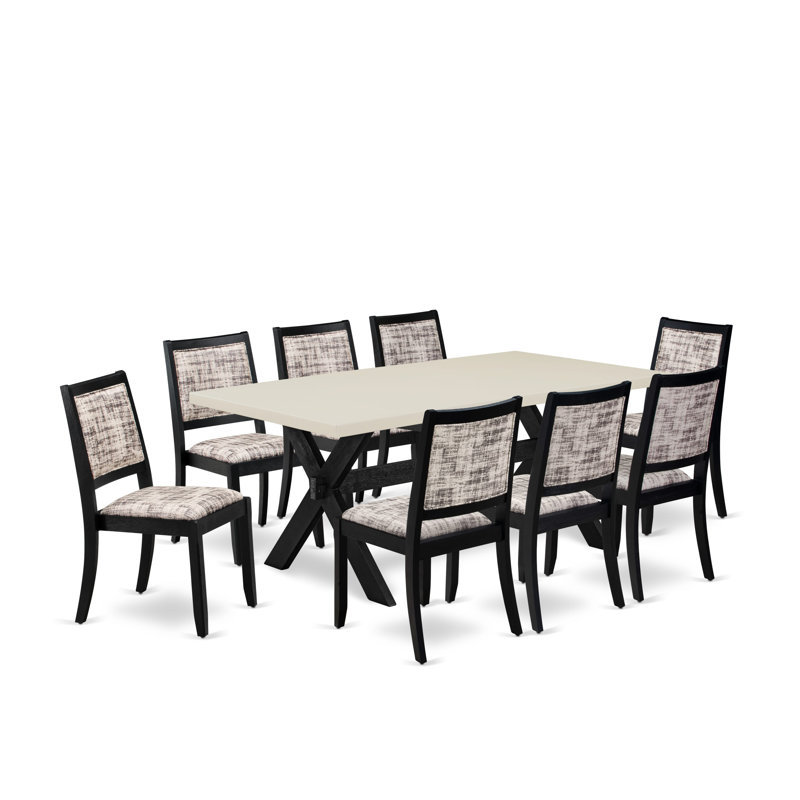 9-piece modern kitchen set consists of a wooden table with tabletop and 8 stackable chairs with White and Gray Pattern Polyester Fabric - Wire-brushed Black