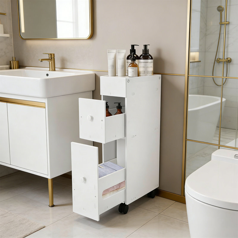 Slim Bathroom Floor Cabinet With Drawers And Wheels For Corner Storage