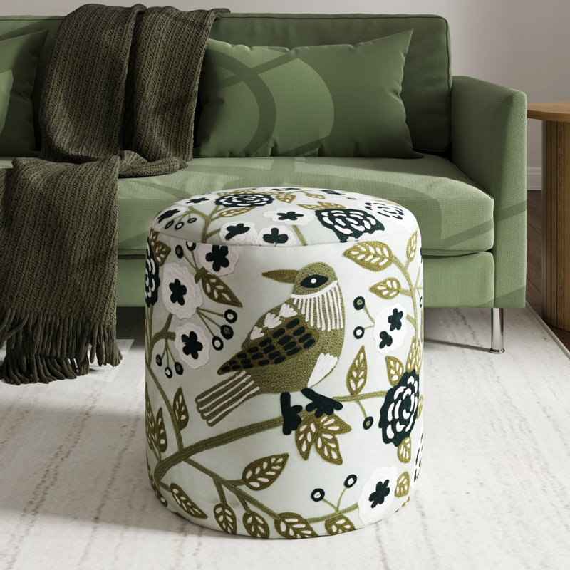 Handmade Embroidered Velvet Upholstered Ottoman, Light Green, Light Green Bird