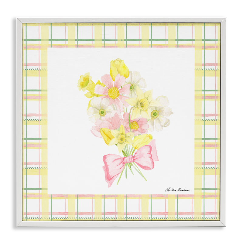 «Spring Daffodils on Plaid Giclee» par Lee Ann Sanders, H 12 po x l 12 po, Estampe numérique encadrée blanc bord de mer