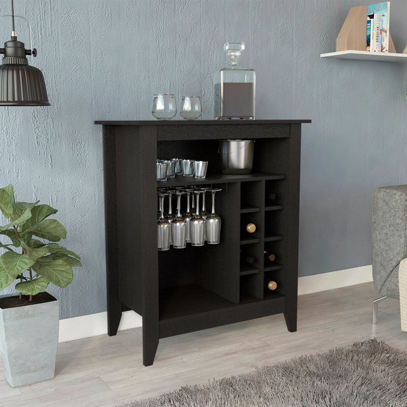 Armoire de bar Essential, une tablette ouverte, six supports à vin intégrés, un tiroir, H 38,14 po x l 32,45 po x P 17,65 po