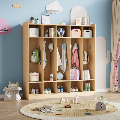 Casier à vêtements en bois pour enfants à 5 sections avec 10 casiers et 10 crochets