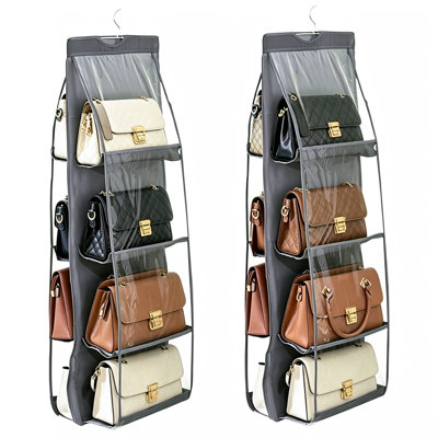 2 Pack Hanging Handbag Purse Organizer for Closet, 8 Pockets Space Saving Wardrobe Storage with Heavy Duty Hooks (Grey)