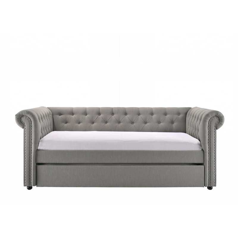 Luxurious Modern Aesthetic Button Tufted Nailhead Trim Daybed with Pull-Out Trundle for Guest Rooms, Dove Gray, Gray Tan