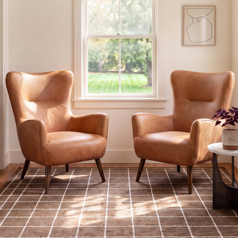 Apollo Genuine Leather Wingback Lounge Chair, Cognac Tan Genuine Leather