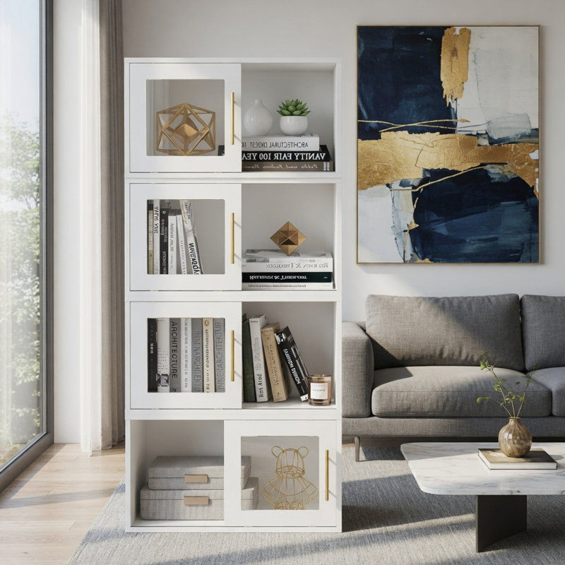 24" White Cube Storage Organizer w/ Sliding Door - Stackable Modular Bookshelf & Storage cabinet