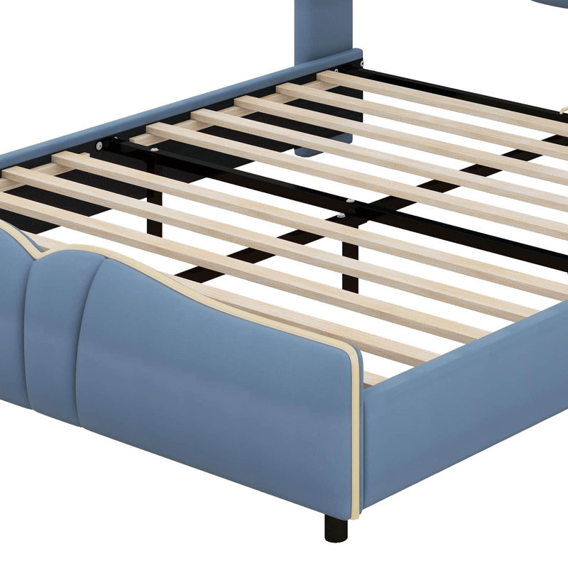 Grand lit plateforme tapissier en polyuréthane avec tête de lit à oreilles et pied de lit ondulé, lit en cuir moderne