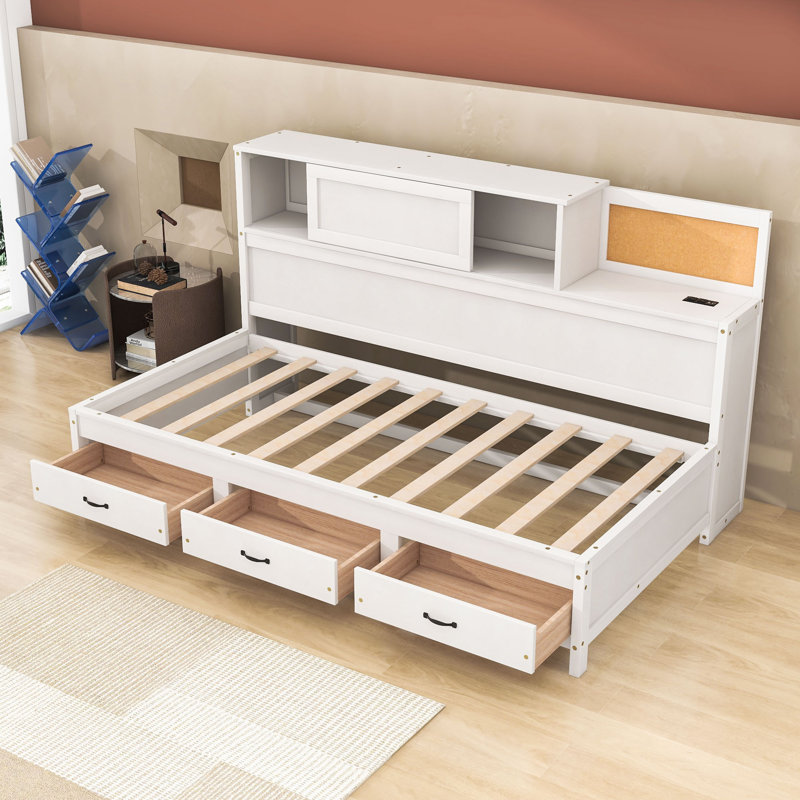 Auddis Wood Daybed with 3 Storage Drawers and Shelves, Twin, White