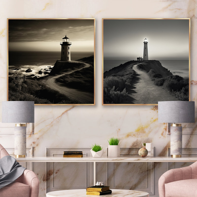 Phare noir et blanc Panorama, 16" H x 33" W, Cadre flottant doré