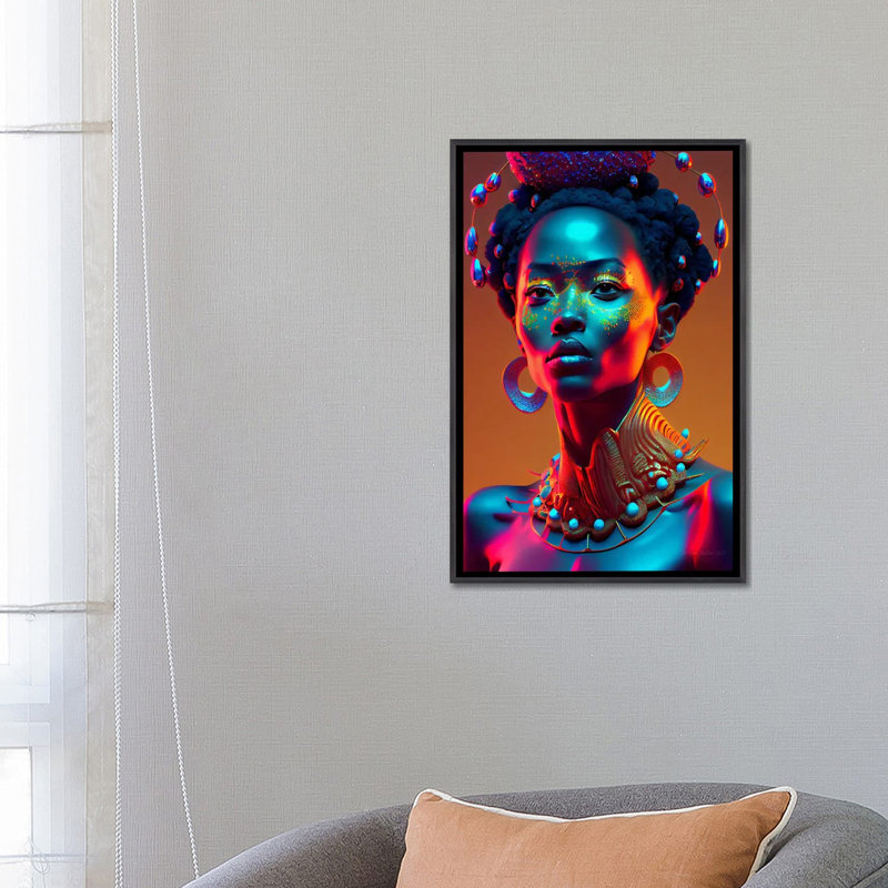 Afrofuturist, reine de la royauté africaine I, Toile encadrée flottante noire patinée, H 26 po x l 18 po x P 1,5 po