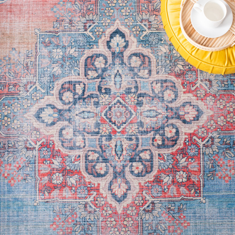 Tapis oriental rouge / bleu Demetrius, Carré 6 pi 7 po