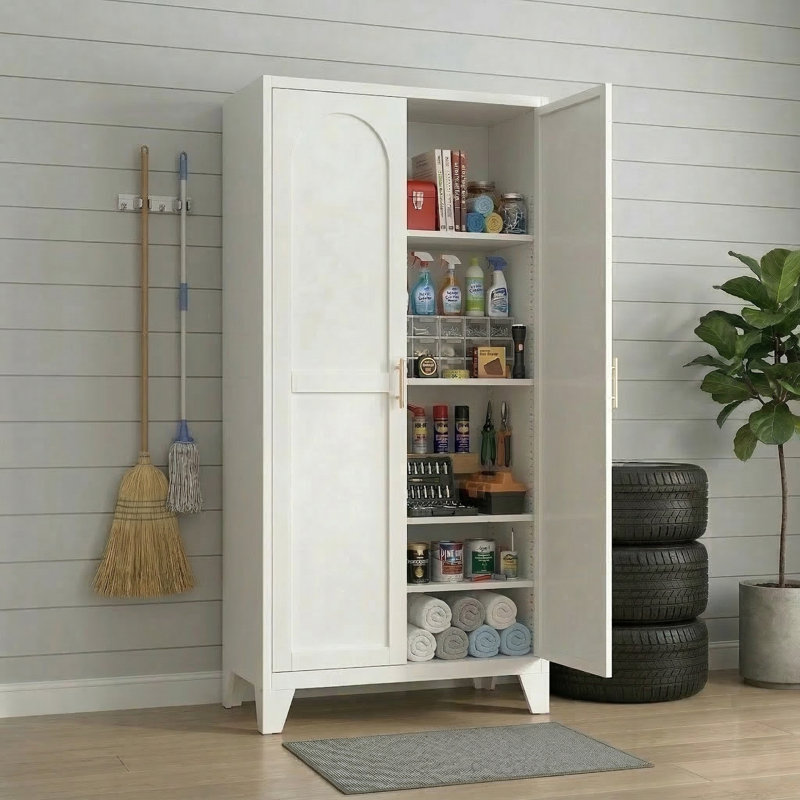 61" Cream Steel Storage Cabinet with Adjustable Shelves, 2 Shapely Doors for Garage, Laundry, Dining Room, Cream 