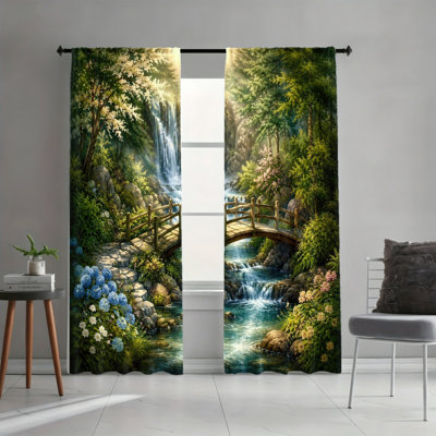 2 Panels Light Filtering Curtains, Serene Waterfall Bridge Tranquil Garden Nature Landscape Print Home Decor, Easy Hang Rod Pocket Design, All Season Window Drapes for Living Room Bedroom Study Decoration