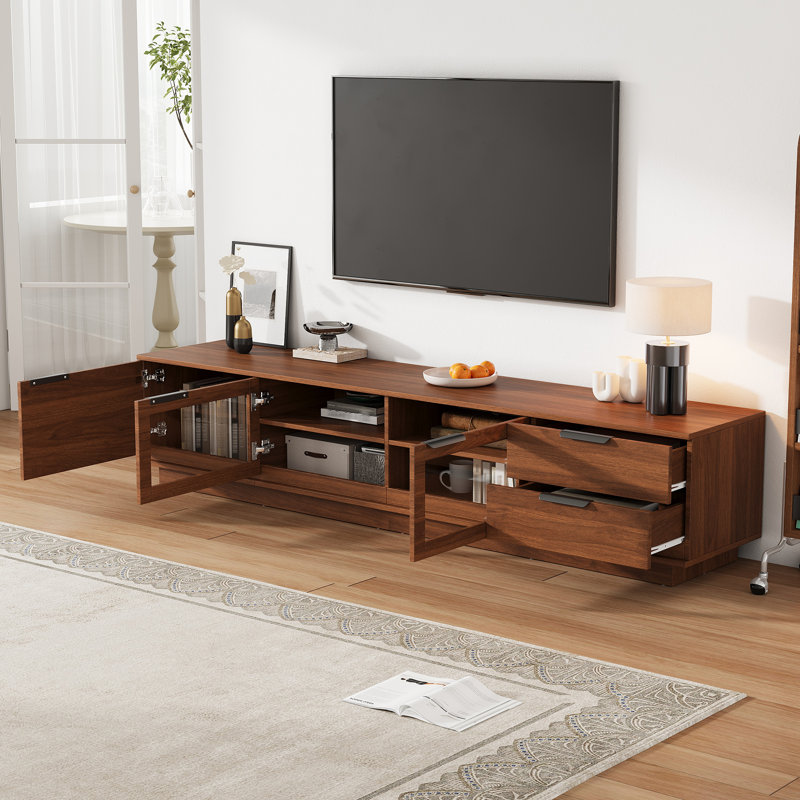 Meuble télé moderne avec portes en verre et tiroirs à fermeture en douceur