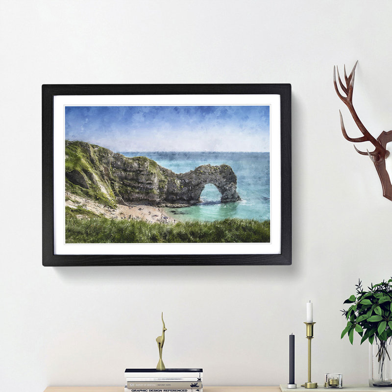 Durdle Door Cliffs in Dorset - Picture Frame Painting Print, 62cm H x 87cm W x 2cm D, Black Framed