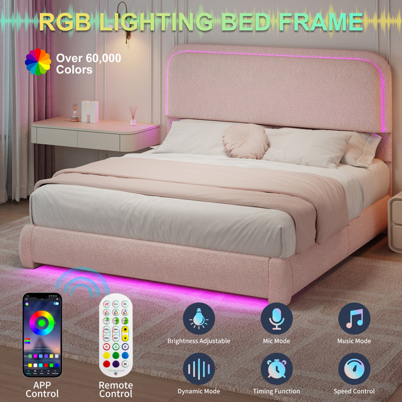 LED Teddy Fleece Platform Bed Frame with Round Corner Upholstered Headboard, Full, Pink