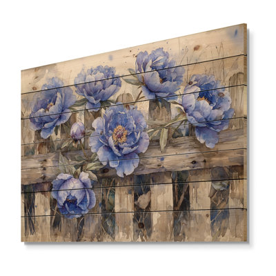 Pivoines bleues par la clôture II - art mural en bois pivoines - sur bois de pin naturel