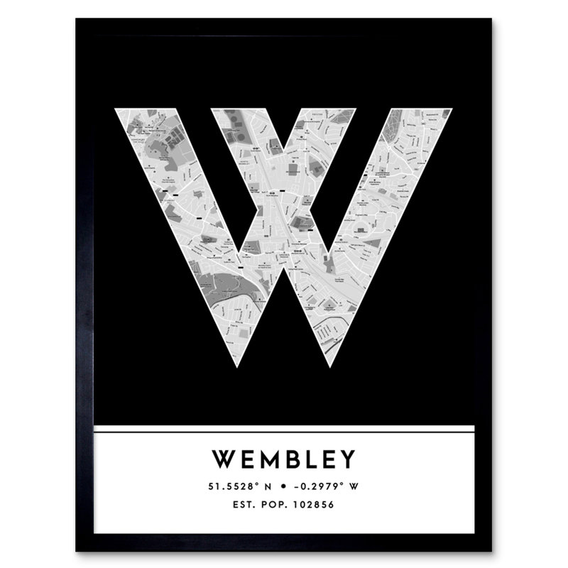 Wembley City Map Wembley Black & White - Single Picture Frame Typography