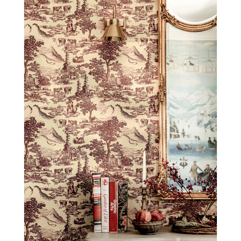 Tyrol Apres-Ski Home Toile Wallpaper Roll, Red/Taupe