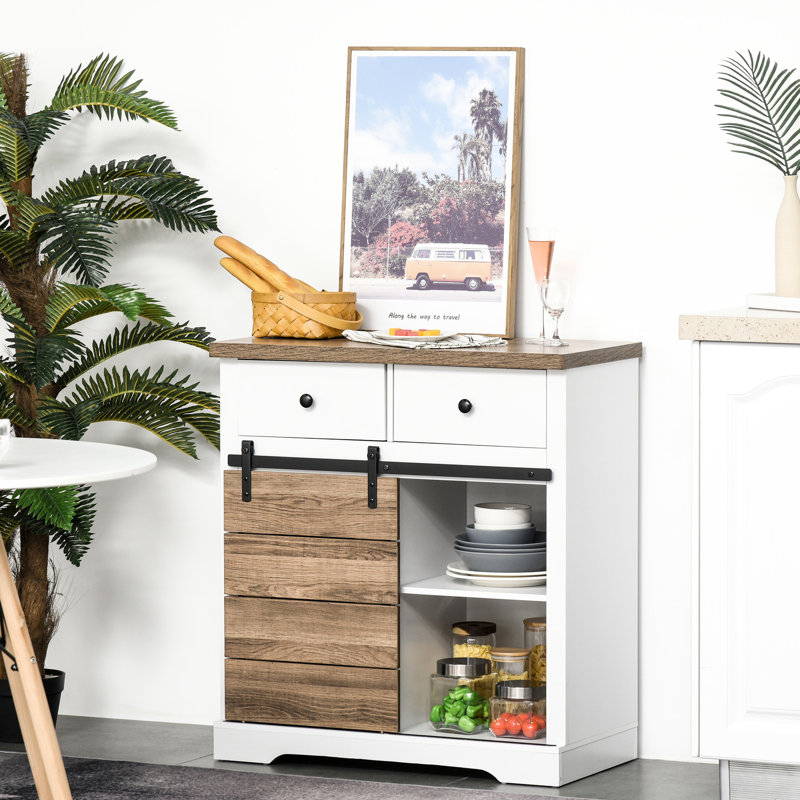 Armoire de cuisine avec rangement pour bouteilles de vin et porte de grange, blanc rustique