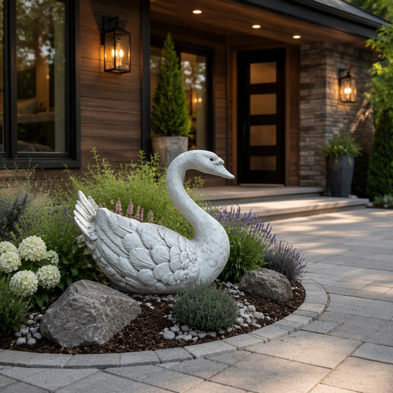 12,6 po de haut Statue de cygne en résine avec pot de fleurs et sculpture de plumes