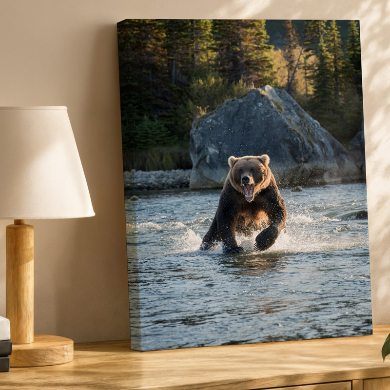 Toile, «Massive Grizzly Bear Charges Through A Shallow River Its Wall Art Musclular Form Propelling Through The Water Splashing»