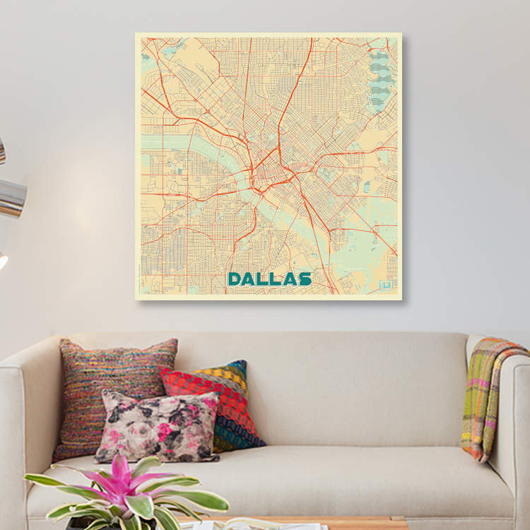 « dallas rétro urban blueprint map », impression sur toile, H 12 po x l 12 po x P 0,75 po, Toile tendue, Pas de tapis