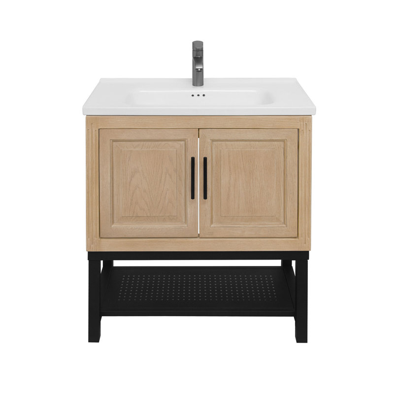 Meuble-lavabo 32 po avec lavabo en céramique blanc et robinet d'eau chaude et froide, armoire de salle de bain autoportante avec 2 portes de rangement et tablette ouverte en fer pour la salle de bain
