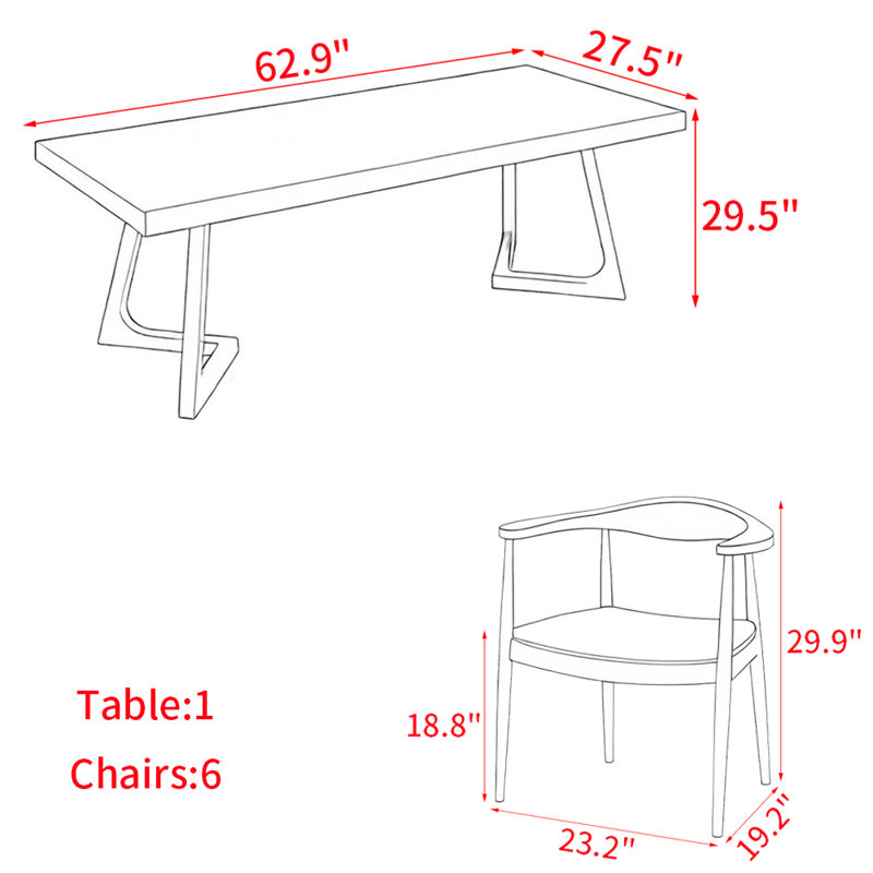 Modern simple solid wood dining table set., 29.5"H x 62.9"L x 27.5"W