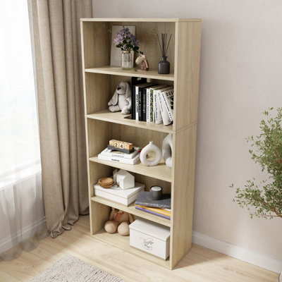 Tall Oak Wood 5-Shelf Etagere Bookcase With Adjustable Shelves