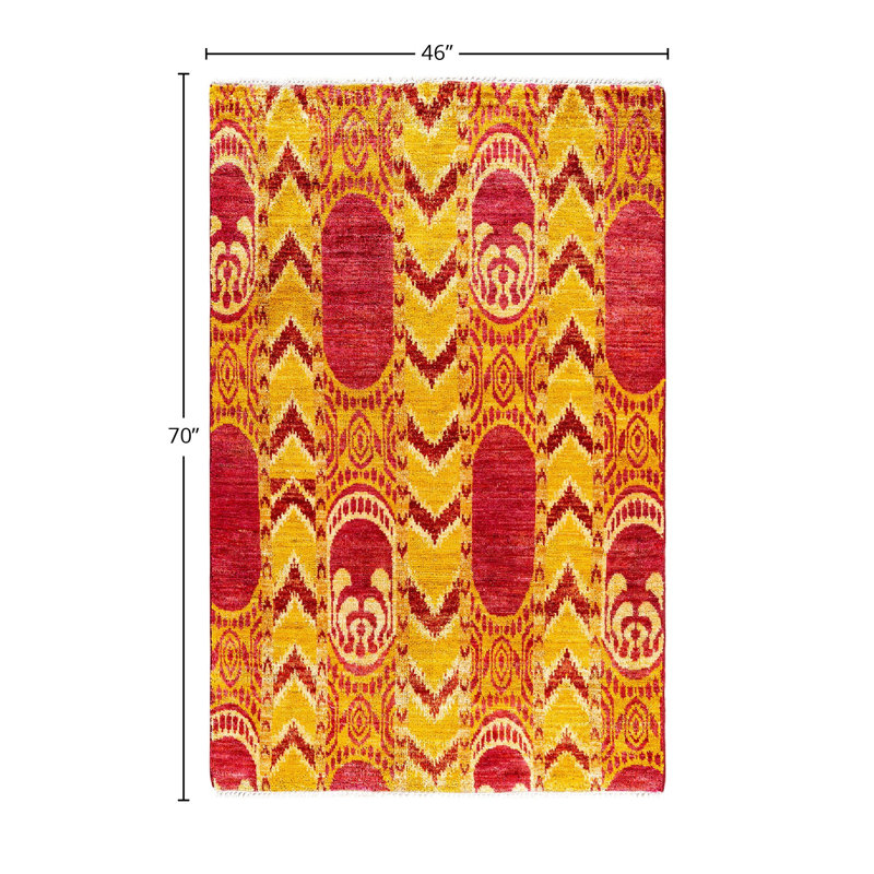 Tapis rouge / jaune surteint de conception unique 3 pi 10 po x 5 pi 10 po Overdyed