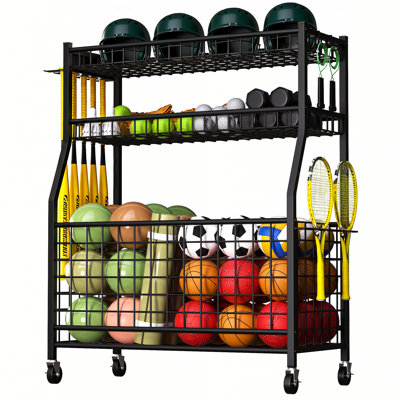 Sports Gear Organizer, Garage Ball Storage Rack with Wheels, Rolling Ball Storage Cart for Basketballs Soccer Bats Helmets Toys, Multi-Functional Ball Rack Organizer for Indoor Outdoor Use, Black