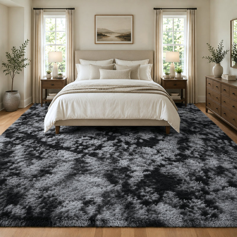 5' x 7' Black Gray Tie‑Dye Shag Area Rug, Ultra‑Soft Fluffy Plush Machine Washable Non‑Slip Indoor Rug for Living Room Bedroom