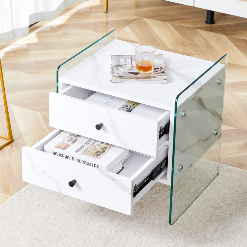 Double-Drawer Bedside Table. The Board Surface Is MDF Sticker, And Both Sides Are Transparent Tempered Glass. The Design Is Simple And Elegant, With Excellent Storage Functions.