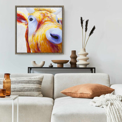 Colorful Country Cow Canvas | Blue Frame - Modern Home Decor
