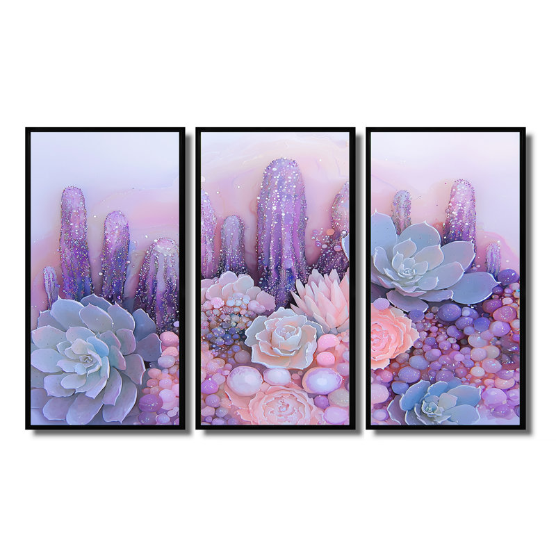 Lavande, aura de cactus au Nevada - ensemble de décoration murale cactus floral, 40" H x 60" W, Noir
