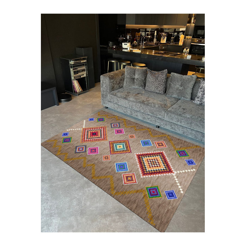 Beige Geometric Multicolor Woven Base Machine Washable Rug, Rectangle 3'3" x 4'11" Rug Pad Included
