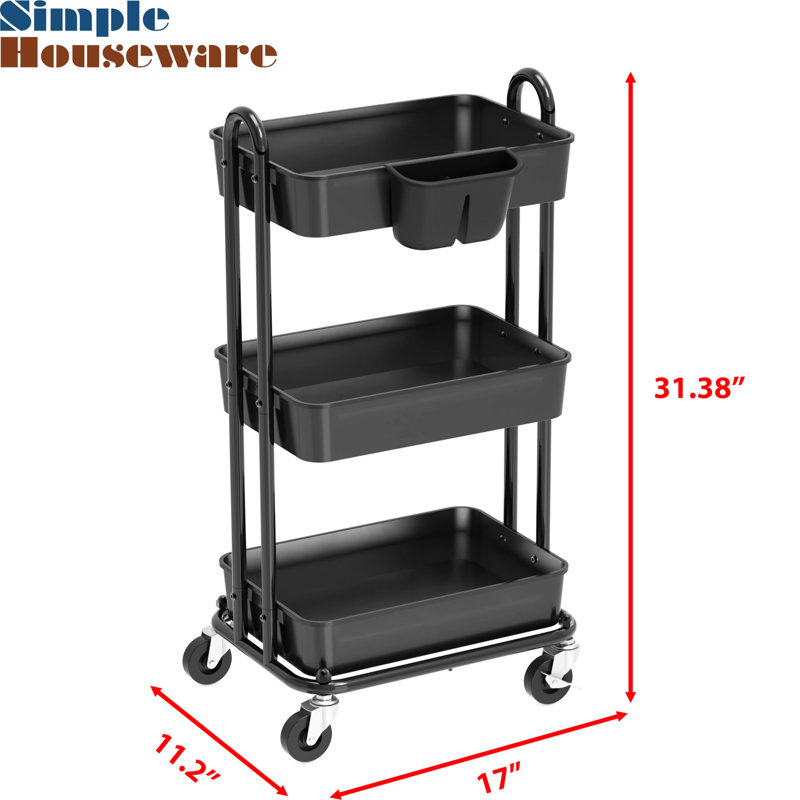 Black Metal 3-Tier Rolling Utility Storage Cart with Wheels