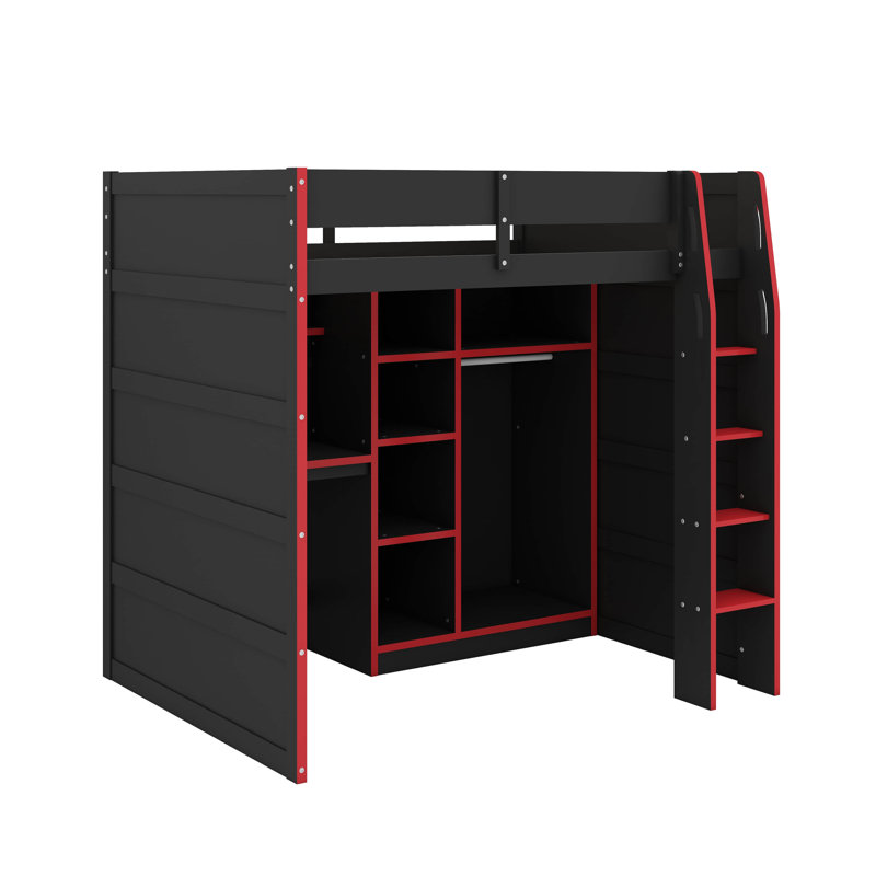 Full Size Wood Loft Bed With Desk,Open Wardrobe,Storage Compartments And RGB Lights, Red